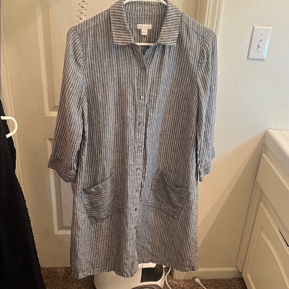 J. Jill Love Linen Casual Striped Midi Shirtdress in Blue and White